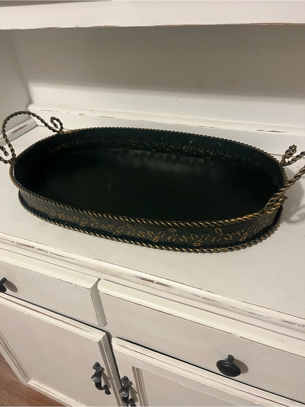 Dark Green and Gold Metal Oval Serving Tray with Handles